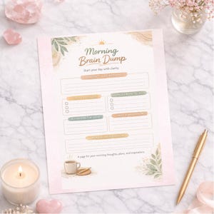 May include: A pink and white "Morning Brain Dump" planner sheet with sections for thoughts, priorities, and ideas. The sheet is decorated with watercolor-style leaves and a sun graphic. A gold pen, a lit candle, and a cup of coffee are also visible.