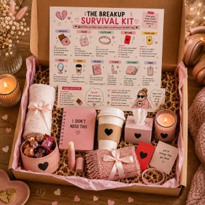 Könnte beinhalten: Ein Trennungs-Survival-Kit in einem Karton mit einer Anleitungskarte, einem rosa Notizbuch mit der Aufschrift I DON'T NEED THIS, einem Kaffeebecher mit Herz-Manschette, einer rosa Taschentuchbox, einer Kerze, einer Decke, Schokolade und Lippenbalsam.