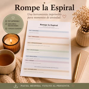May include: A white printable document titled Rompe la Espiral featuring seven guided steps with pastel-colored horizontal bars for writing. The page includes text in Spanish and is displayed alongside a lit candle, a cup, and a gold pen.