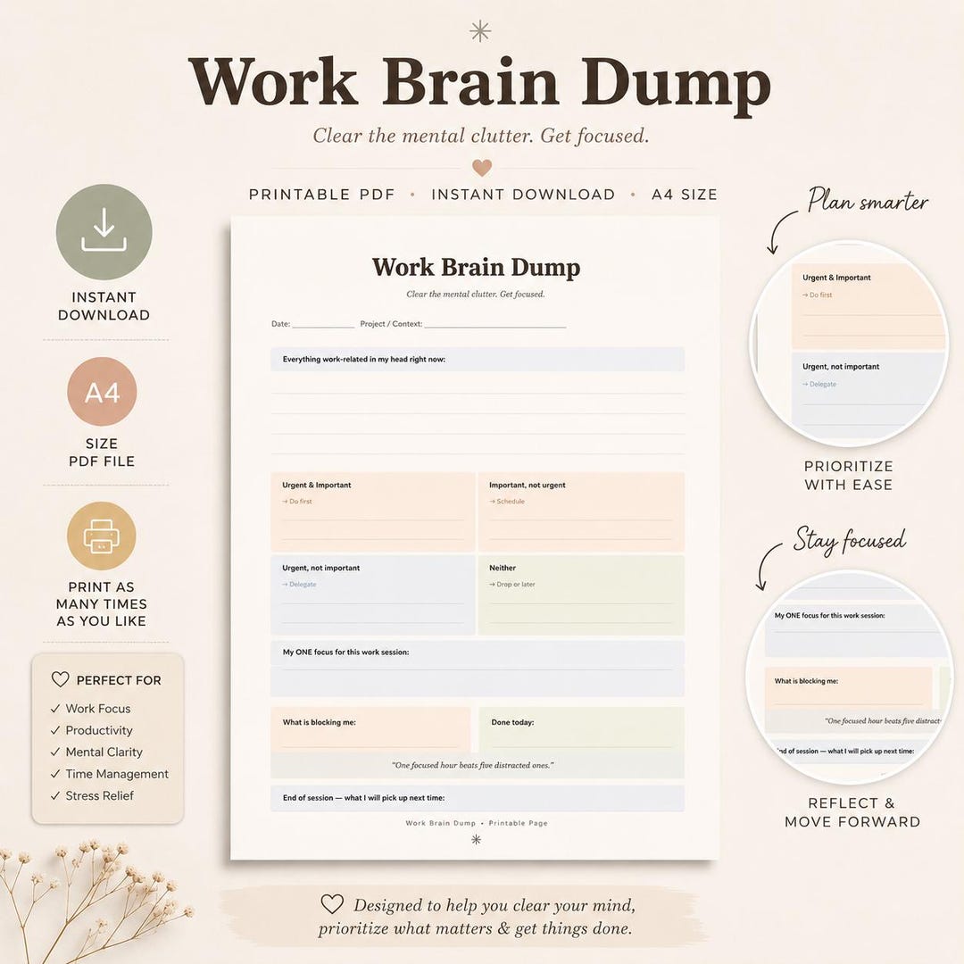 Work Brain Dump Printable PDF | ADHD Productivity Planner | Work Focus ...