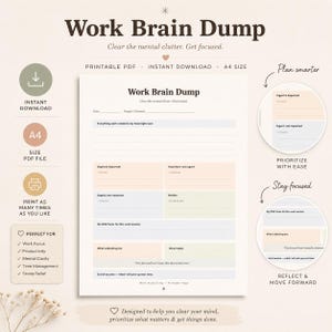 May include: A printable PDF "Work Brain Dump" planner in A4 size. The design features sections for prioritizing tasks, staying focused, and reflecting. The planner is designed to help clear the mind and get organized.