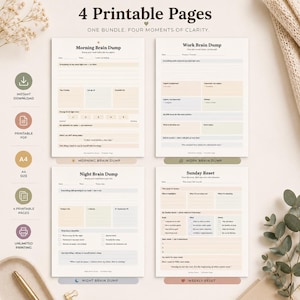 Może przedstawiać: Zestaw czterech stron do druku w formacie A4, z tytułami "Morning Brain Dump", "Work Brain Dump", "Night Brain Dump" i "Sunday Reset". Widoczny jest również tekst "4 Printable Pages" i "One Bundle. Four Moments of Clarity".