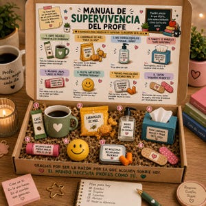 May include: A teacher survival kit gift box containing a green mug with a heart, honey candies, hand sanitizer, a tissue box, lip balm, a yellow smiley face stress ball, earplugs, and bandages, all labeled with Spanish text and illustrations.