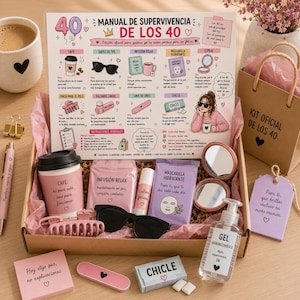 May include: A 40th birthday survival kit in a cardboard box containing a paper instruction manual, a pink coffee cup, black sunglasses, a lip balm, a nail file, a pack of gum, a face mask, a compact mirror, and a bottle of hand sanitizer gel.