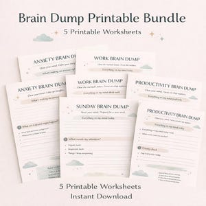 Könnte beinhalten: Fünf druckbare Arbeitsblätter zum Brain-Dumping, darunter Vorlagen für Angst, Arbeit, Sonntag und Produktivität. Die Arbeitsblätter haben eine weiche Farbpalette mit Wolken- und Sternmotiven und Aufforderungen zur Reflexion.