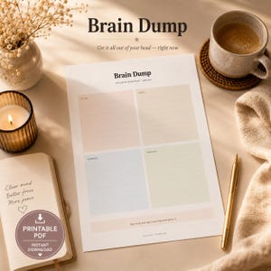 Puede incluir: Una hoja de papel para planificar Brain Dump con cuatro secciones de colores etiquetadas como To Do, Ideas, Worries y Random. La hoja presenta el texto Brain Dump y Get it all out of your head—right now. Incluye una sección inferior para ítems.