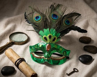Peacock Feather Venetian Masquerade Mask, Half Face Carnival Mask, Elegant Ball Costume Accessory, Mardi Gras Party Mask, Venetian Gift