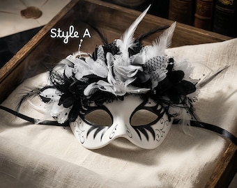 Day of the Dead Masquerade Mask Gothic Feather Lace Skull Carnival Mask Black White Halloween Party Cosplay Costume Accessory Gift