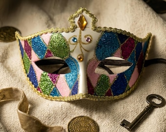 Máscara de Arlequín Veneciano, Máscara de Carnaval con Purpurina Colorida, Antifaz Clásico Italiano para Fiestas, Accesorio de Disfraz para Cosplay