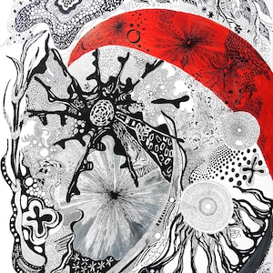 Puede incluir: Dibujo abstracto en tinta negra y blanca con un arco rojo intenso. La obra de arte presenta patrones intrincados, incluyendo puntos, líneas y formas orgánicas. Una forma central y puntiaguda domina la composición, con una explosión radial de luz. El efecto general es un diseño gráfico detallado.