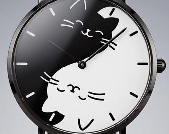 Zegarek Yin Yang Cat – minimalistyczny czarny zegarek na rękę dla miłośników kotów – wyjątkowa biżuteria w stylu zen – prezent urodzinowy dla niej lub dla niego