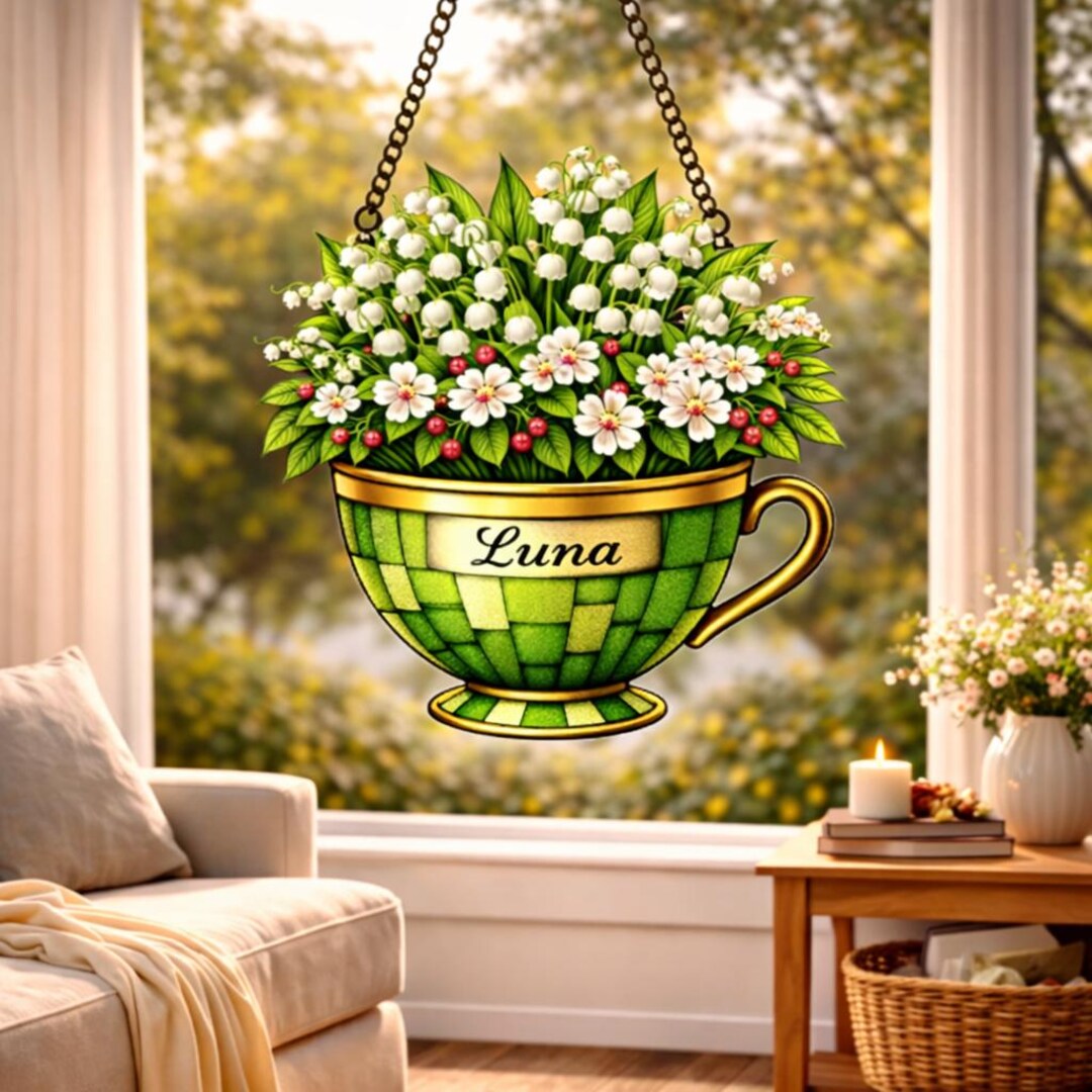 Personalized Lily of the Valley Hawthorn Teacup Suncatcher Custom Name ...