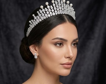 Statement Rhodium Royal Lotus-Arch Crown Tiara with Teardrop Pearls and Marquise zirconium
