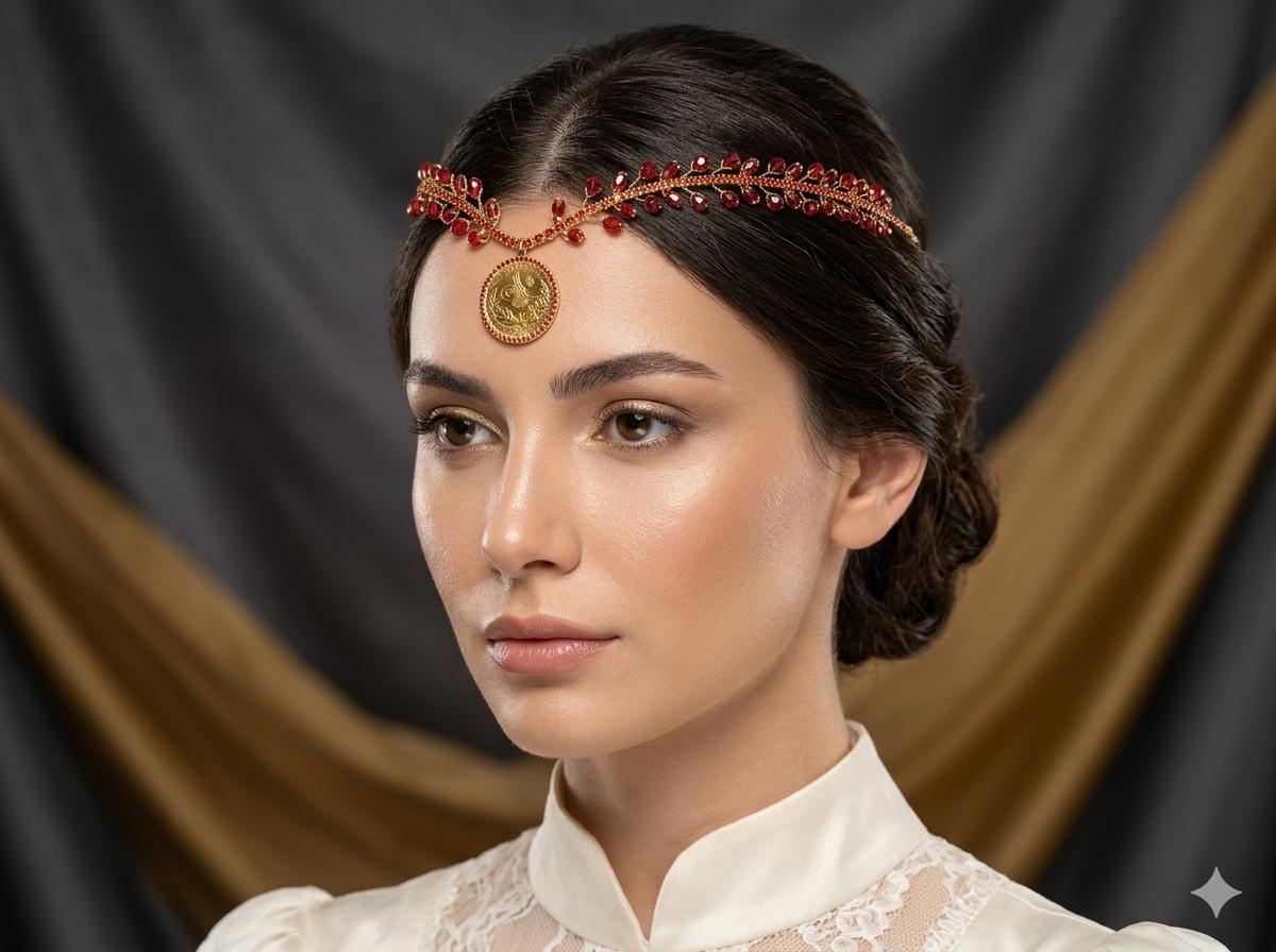 Red Gold Crystal Pearl Valentines Headband Hair Bling Sparkle Jeweled Statement Twine and Love | Valentine main image 4
