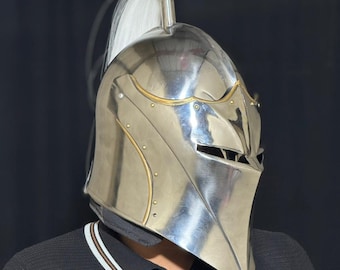 Handcrafted Medieval Steel Knight Helmet with Plume, Gothic LARP Cosplay Armor