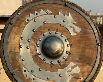 Medieval Viking Round Shield – Wooden Warrior Shield with Iron Boss, Cosplay Prop