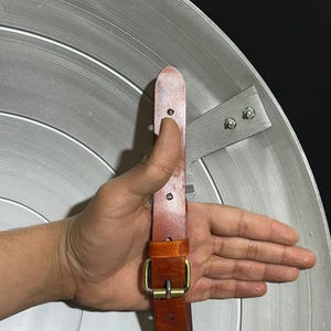 May include: A silver-colored shield with concentric circular grooves. A brown leather strap with a brass buckle is attached to the back of the shield. The shield has a metal bracket with bolts.