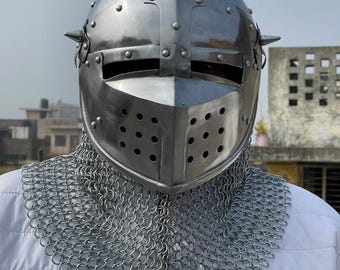 Medieval Gothic Knight Steel Helmet with Chainmail Coif | Cosplay Armor
