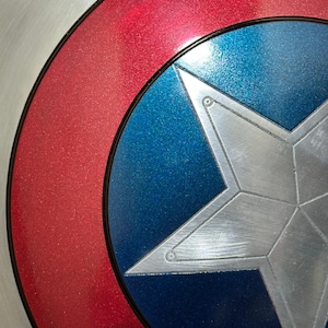 May include: Close-up of a Captain America shield. The shield features a silver star on a blue background, surrounded by a red and white concentric circle design. The shield has a metallic finish.
