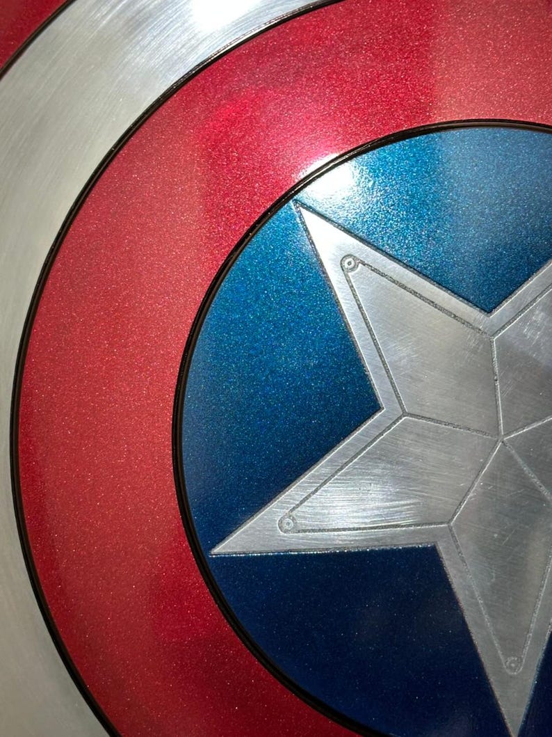 May include: Close-up of a Captain America shield. The shield features a silver star on a blue background, surrounded by a red and white concentric circle design. The shield has a metallic finish.