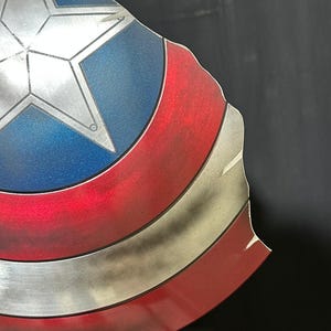 Może przedstawiać: Zbliżenie tarczy Kapitana Ameryki. Tarcza posiada srebrną gwiazdę na niebieskim tle, z czerwonymi i białymi paskami. Tarcza ma metaliczne wykończenie i lekko postarzany wygląd.