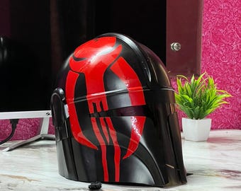 Helm Mandolorian Zwart Rood | Futuristische premiejager | Sci-Fi-pantserhelm | Galactische soldaat-cosplayhelm | Masker kostuumrekwisieten