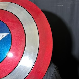 May include: A red, white, and blue shield with a star emblem. The shield has concentric circles of red, silver, and red, with a blue center featuring a white star. The shield is partially obscuring a person wearing a black shirt.