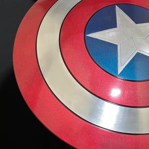 May include: A red, white, and blue shield with a silver star in the center. The shield has a circular design with concentric rings of red, silver, and blue. The shield is a prop or collectible.