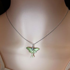 May include: A silver-toned chain necklace featuring a pendant shaped like a pale green moth with delicate wing details and a small, clear, faceted stone set at the center of the thorax, suspended from a simple, thin, metallic link chain.