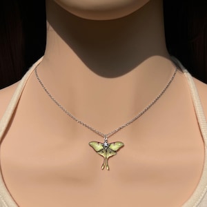 Luna Moth Resin Necklace Iridescent Green Wing Pendant Dainty Silver Chain Fairycore Cottagecore Jewelry Gift For Her