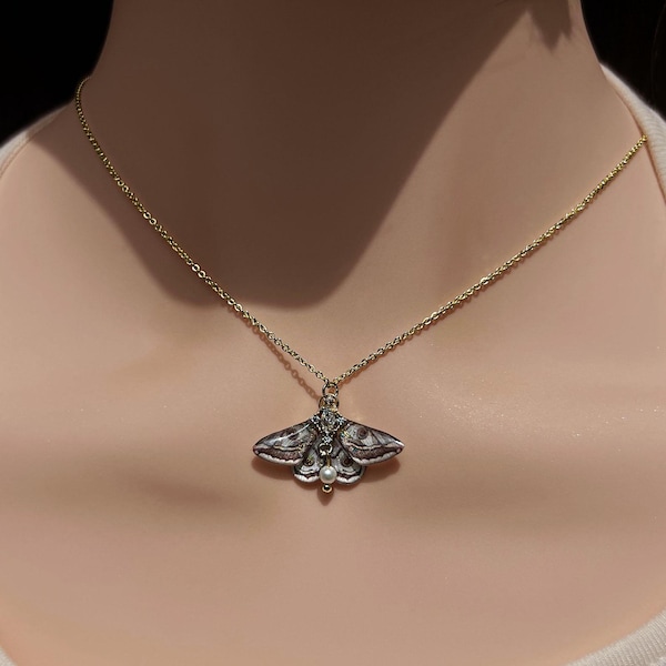 Delicate Gold Chain Moth Butterfly Necklace, Crystal Pearl Handmade Fairycore Insect Pendant Necklace, Cottagecore Jewelry Gift For Women He