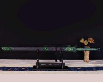 Hand Forged Dragon Katana, Green Carbon Steel Ninjato Sword, Decorative Collectible Replica