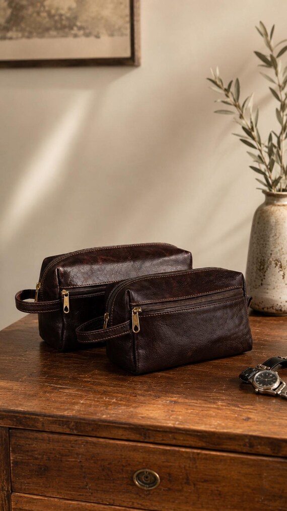 Moroccan Full-Grain Leather Dopp Kit, Handcrafted Travel Toiletry Bag