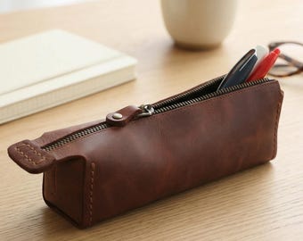Leather Pen Pouch, Custom Desk Accessory, Hand Sewn Zip Bag, Mens Stationery Gift