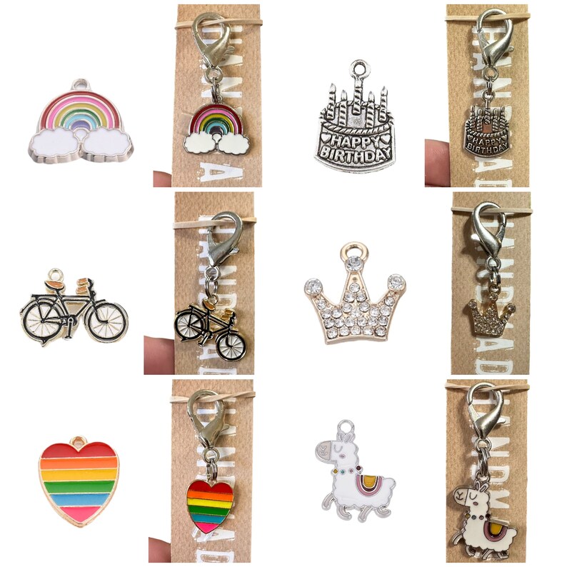 collar charm zipper pull stitch marker backpack charm heart, rainbow, llama, birthday, crown, bike image 1