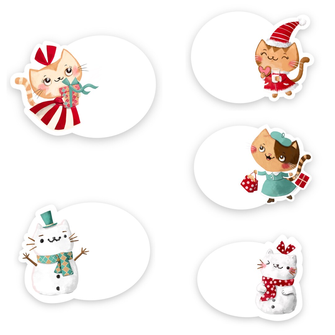 Holiday Catthemed Gift Tags, Set of 5 Stickers or Textured Cardstock