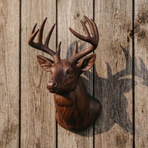 Könnte beinhalten: Eine dunkelbraune Hirschkopfskulptur mit detailliertem Geweih, montiert an einer verwitterten Holzwand. Der Schatten der Skulptur ist auf dem Holz sichtbar. Das rustikale Dekorstück verleiht jedem Raum einen Hauch von Natur.