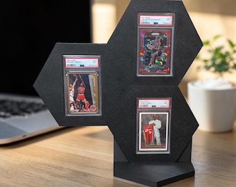 Magnetische PSA-displaystandaard voor 3 kaarten | In elkaar grijpende zeshoekige bureauvitrine voor honkbal en Pokemon | Sportkaarthouder