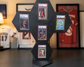Magnetische displaystandaard met PSA-indeling voor 5 kaarten | Desktopvitrine voor honkbal, voetbal en Pokemon | In elkaar grijpende zeshoekige houder