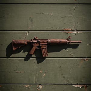 Puede incluir: Un rifle de madera marrón oscuro se muestra sobre un fondo de madera verde desgastada. El rifle está detallado con varios componentes, incluyendo un cargador, mira y cañón. La imagen está bien iluminada, resaltando la veta de la madera.