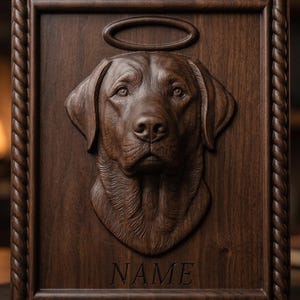 May include: A dark brown, wooden plaque featuring a carved Labrador Retriever head with an engraved halo above. The plaque has a rope-like border and the word "NAME" is carved below the dog's head.