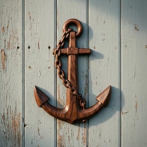 May include: A wooden anchor with a chain, mounted on a weathered, light blue wooden wall. The anchor is a rich brown color, with detailed carving. The chain is draped across the anchor. The wall has a distressed, rustic appearance.