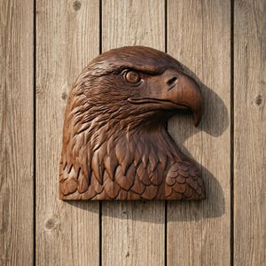 Könnte beinhalten: Detaillierte, braune Holzschnitzerei eines Adlerkopfes mit komplizierten Feder- und Gesichtsdetails. Die Skulptur ist auf einem vertikalen Holzplanken-Hintergrund montiert, was eine rustikale Ästhetik erzeugt. Der Blick des Adlers ist intensiv.