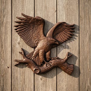 Könnte beinhalten: Detaillierte, braune Holzskulptur eines Adlers mit ausgebreiteten Flügeln, der auf einem Ast sitzt. Der Adler ist aufwendig geschnitzt und zeigt Federn und Details. Die Skulptur ist auf einem Holzplanken-Hintergrund montiert.