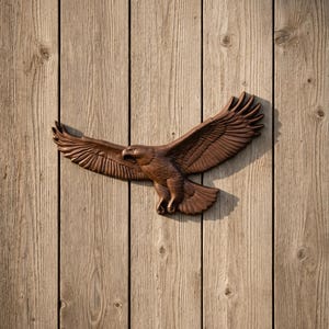 May include: A brown wooden eagle sculpture with outstretched wings, mounted on a vertical wooden plank background. The eagle is carved in detail, showcasing feathers and a focused gaze. The sculpture is a decorative wall hanging.