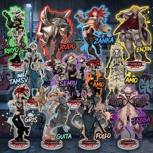 May include: A collection of acrylic character standees featuring anime-style illustrations. Each standee showcases a unique character design with vibrant colors and dynamic poses. The characters' names are displayed in bold text.