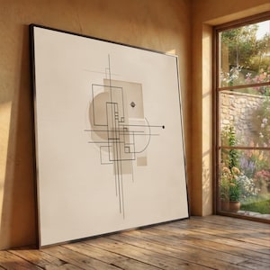 Arte minimalista abstrata em tela, linhas geométricas, decoração de parede moderna, tons neutros para design de interiores.