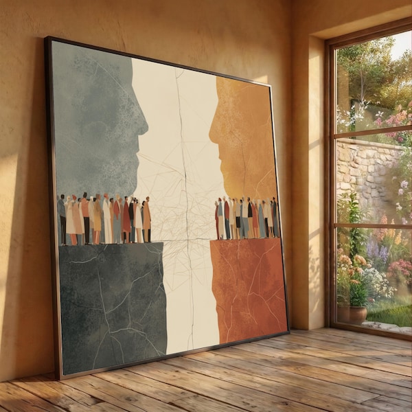Divided Society Canvas, People Facing Off Wall Art, Modern Political Concept, Dual Face Illustration