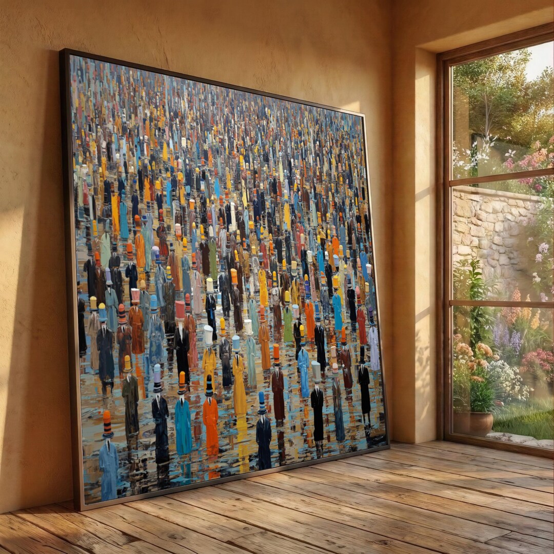Abstract Crowd Scene Canvas, Colorful Figures With Hats, Modern People ...