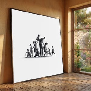 Könnte beinhalten: Ein gerahmter Kunstdruck mit einer Graustufenillustration einer Familie. Das Kunstwerk zeigt stilisierte Figuren von Erwachsenen und Kindern in verschiedenen Posen, die ein Gefühl von Einheit und Verbundenheit erzeugen. Der Druck wird vor einem weißen Hintergrund angezeigt.